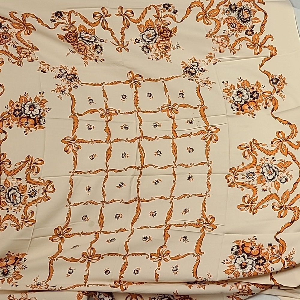 Fabric Tablecloth 48x60" Peach Orange Brown Flowers and Bows Vintage